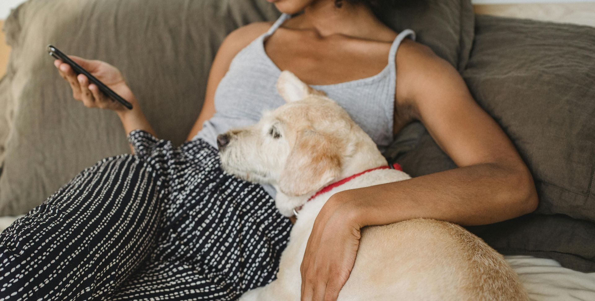 Crop ethnic woman with smartphone embracing dog on bed